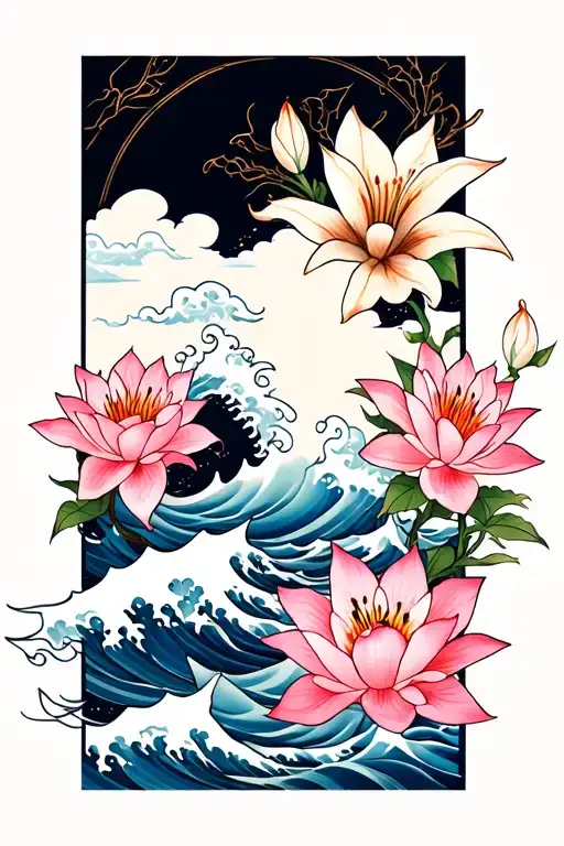 Japanese Floral Sleeve With A Wave And Lilys And Lotus