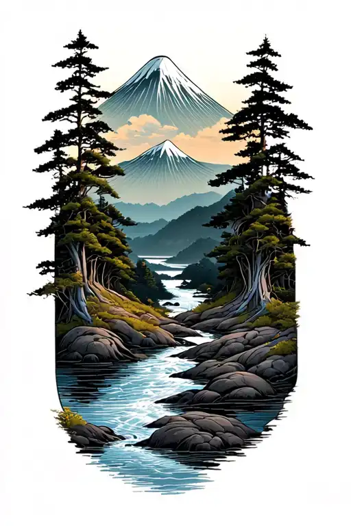 Forest With River Flowing And Mountain In Background