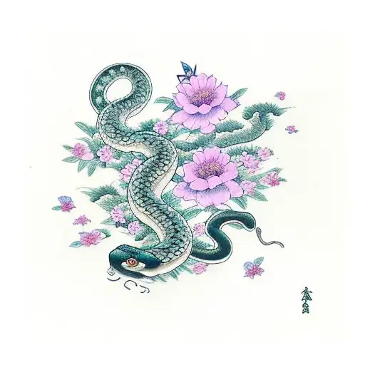 Flower With Butterflies And A Snake
