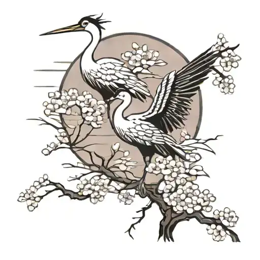 Crane And Sakura At Sunset