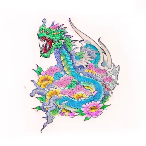 Colorful Tattoo With Flowers That Repsent That Old And The Young With A Dragon Springing Out Of It