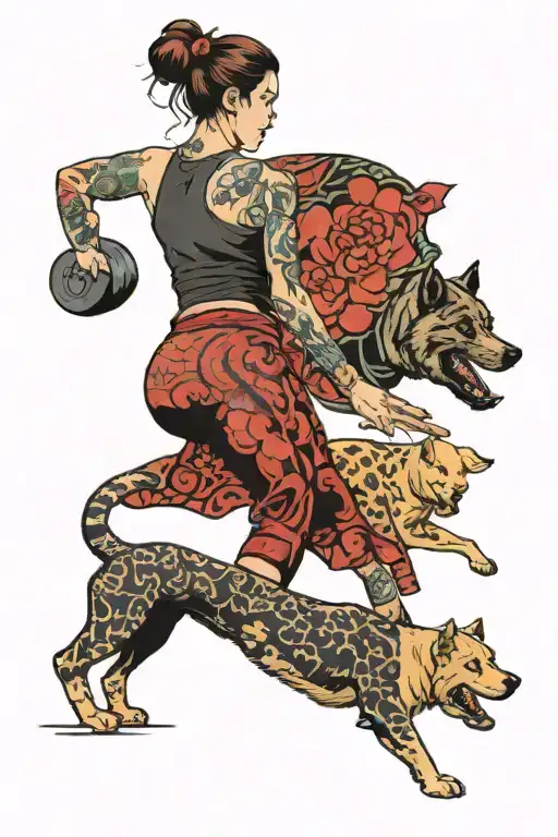 A Fit Woman In Tights Carrying Dumbells Walking Away And A Small And Big Dog Following Her