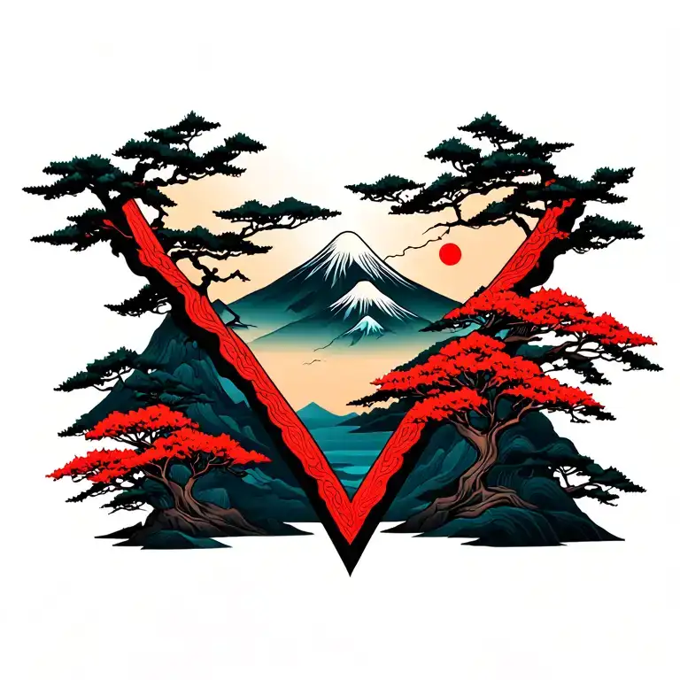 V Shaped Tattoo With Some Montain And Tree Desighn