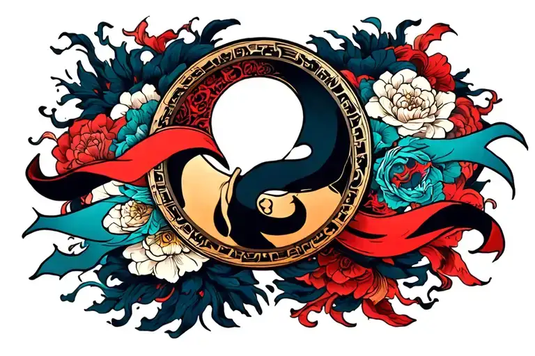 Wheel Of Time Banner Ribbon Across Arm With Ying Yamg Symbol And The Ajah Colors