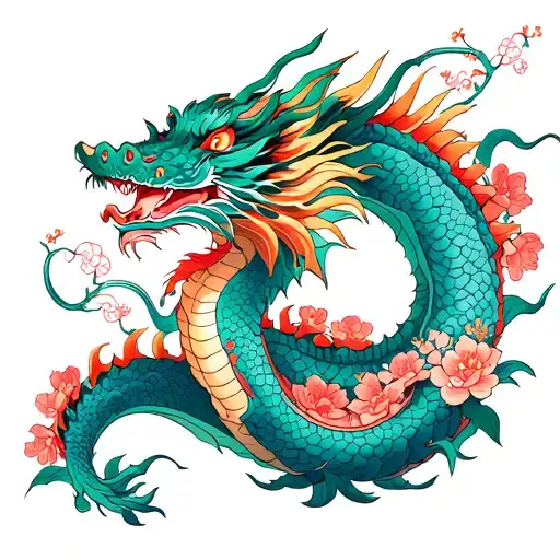 Oriental Dragon Surrounded By Blooming