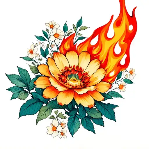 Fire Burning Wild Flowers Growing