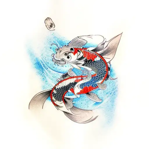 Koi Fish Turning Going Through Water Stream Into Dragon