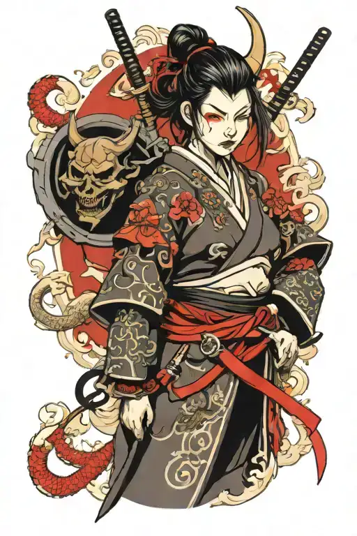 Samurai Girl With Devil Mask Split In Half