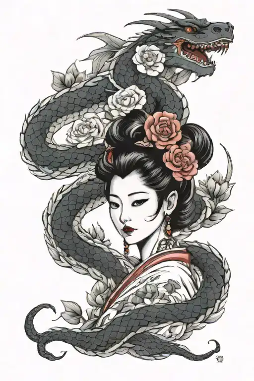 Lady Japan With Roses & Dragon