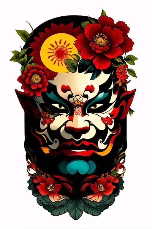 Japanese Flowers With Hannya's Mask And A Sun