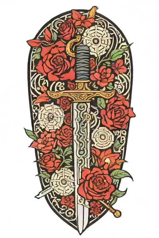 A V42 Knife Intertwined With Time And Flowers And Crossed Arrows
