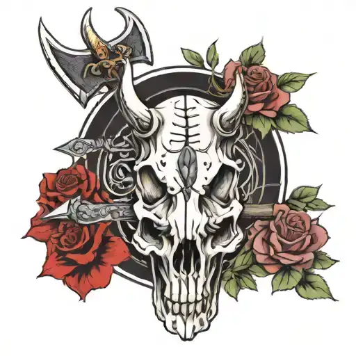 Horse Skull And Roses With Axes Crossing Eachother