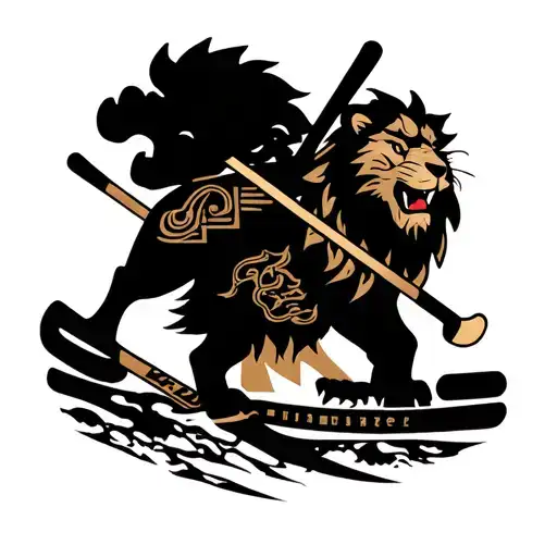 Mountain Peak With Lion Heraldry And Ice Hockey Sticks
