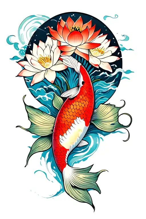Koi Fish With Lotus Flowers And Circular Wave