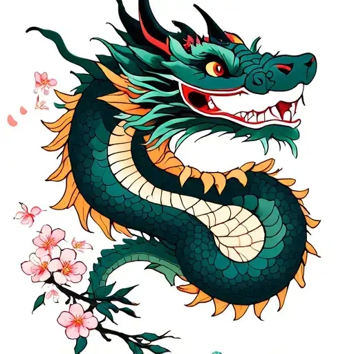 Traditional Dragon With Cherry Blossoms And Kitsune Mask