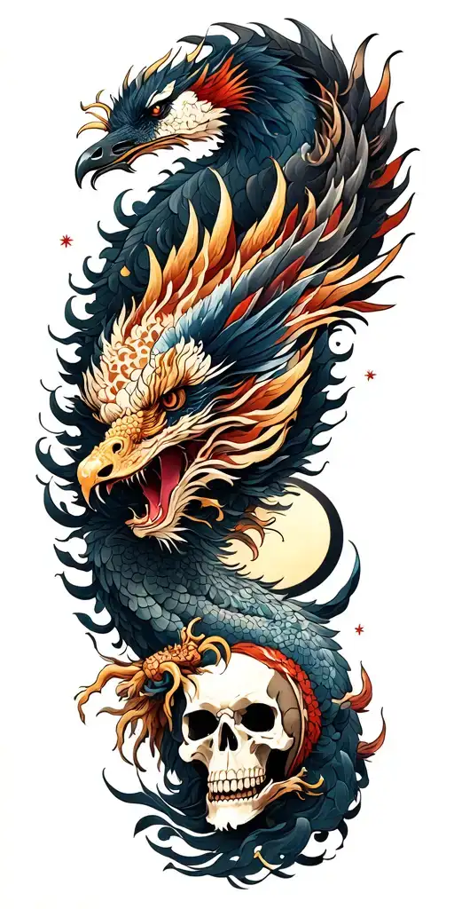 Chinese Dragon And Phoenix And Skull And Moon And Raven