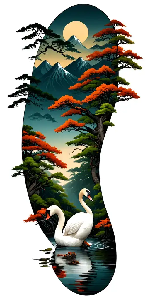 Swan And A River In The Mountains Filled With Trees
