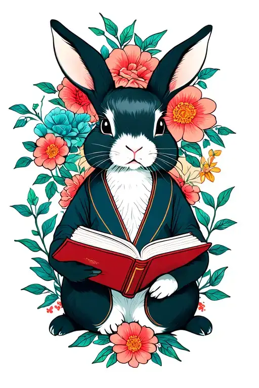 Rabbit Reading Books Surrounded By Florals