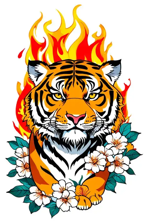 Flowers And Tiger With Fire