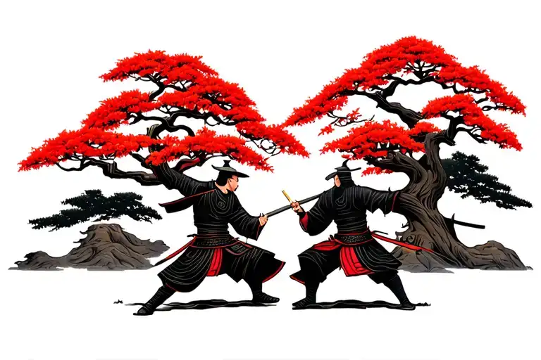 2 Samurai Dueling Under A Japanese Maple Tree