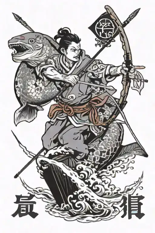 A Man In A Boat Holding A Bow With An Arrow Made Out The Word Aika Aiming It At Pisces