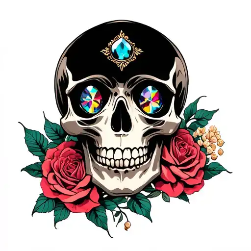 Skull With Birth Stones In The Eyes On A Bed Of Roses