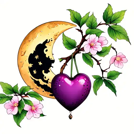 A Moon And A Purple Heart Hanging From The Stem Of A Cherry
