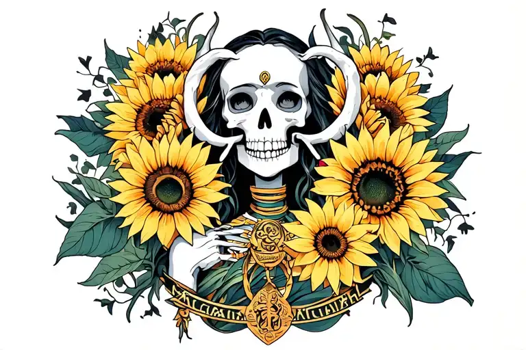 Sunflowers Wrapped Around A Female Skeleton Goddess The Name Zachariah And A Aries Sign