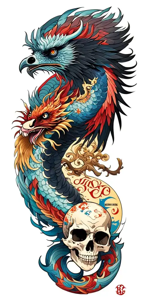 Chinese Dragon And Phoenix And Skull And Moon And Raven With Word Death Rider And Bosnian Flag