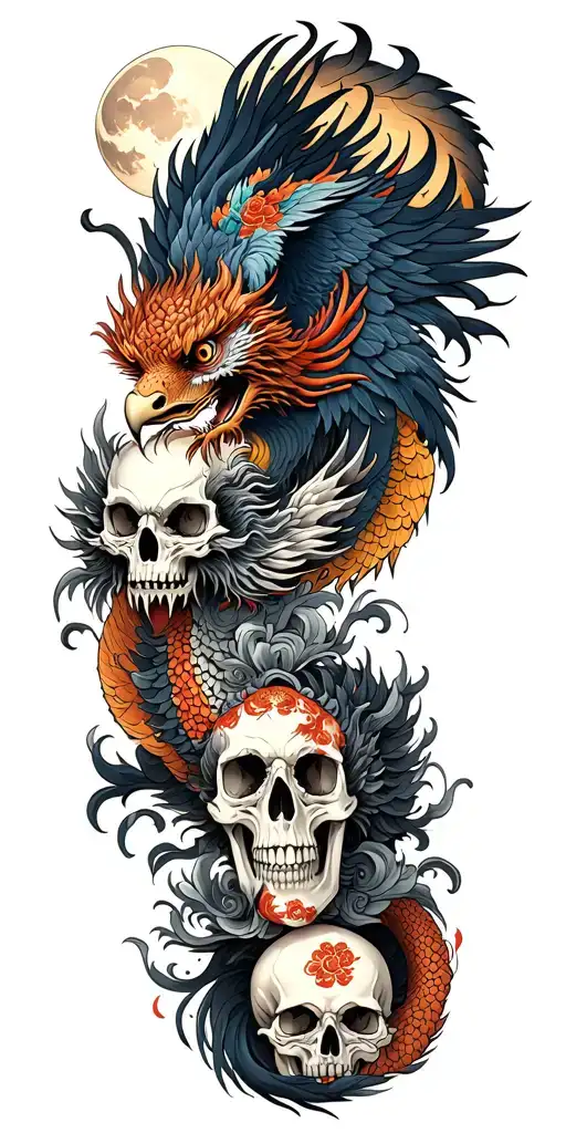 Chinese Dragon And Phoenix And Skull And Moon And Raven