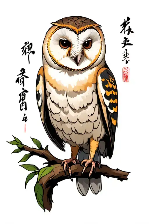 Barn Owl Perched On A Branch With The Cheshire Cat