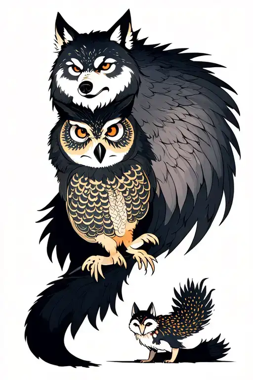A Wolf And An Owl Protect A Small Nine-tailed Fox