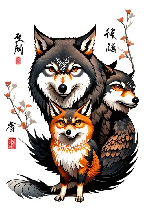 A Wolf And An Owl Protect A Small Nine-tailed Fox Surrounded