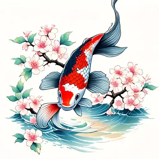 Koi Fish With Japanese Cherry Blossom Tree
