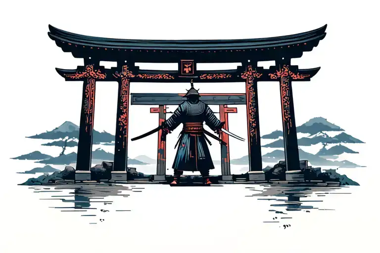 Japanese Gate Design That At Dusk A Samurai With A Sword Standing