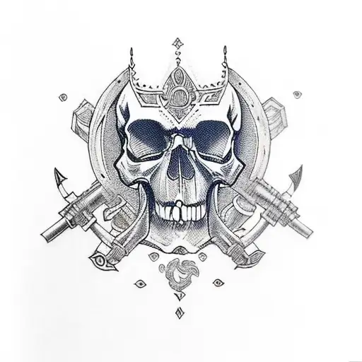 Skull Man Holding A Celtic Pistol In Knights Armor