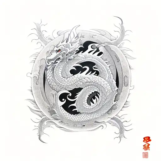 Vertical Composition Dragon Japaneese With Ying And Yang
