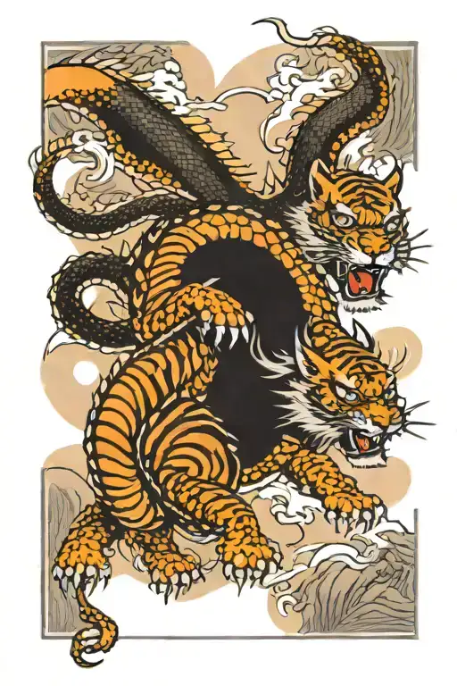 Dragon With Mountain Back And A Tiger Around The Forearm