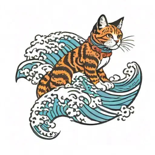 Cat And Surfing Wave