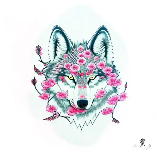 Tribal Wolf With Cherry Blossom