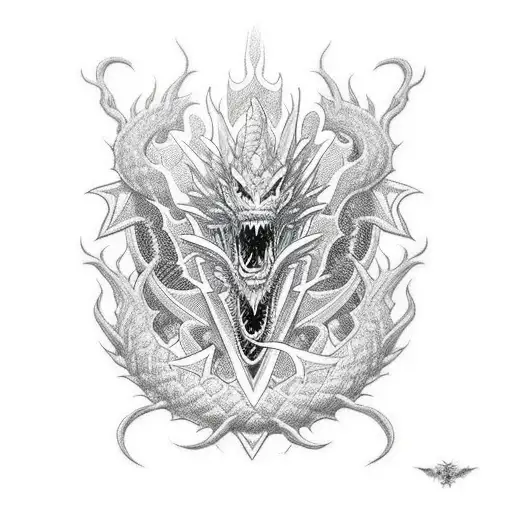 An Intricate Blackwork Tattoo Of A Dragon Surrounded By Video Game Symbols And Characters