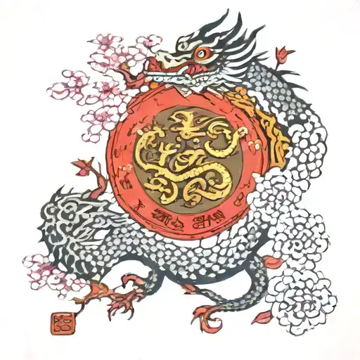 A Dragon With Japanese Characters Flying Around A Cherry Blossom Tree