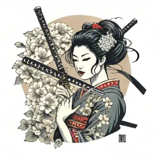 Geisha Holding Katana And Behind Is Some Japan Flowers