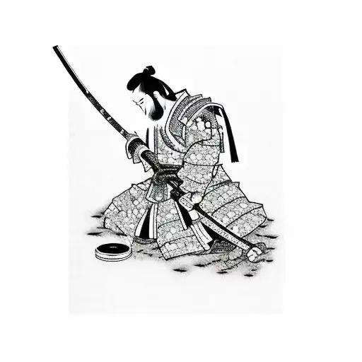 Samurai Kneeling At A Cherry Blossom