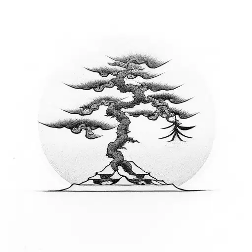 A Minimalist Black And Grey Tattoo Of A Bonsai Tree Symbolizing 'Kaizen'