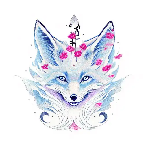 A Mystical Kitsune Fox With Vibrant Cherry Blossom Petals Floating Around It In A New-school Style