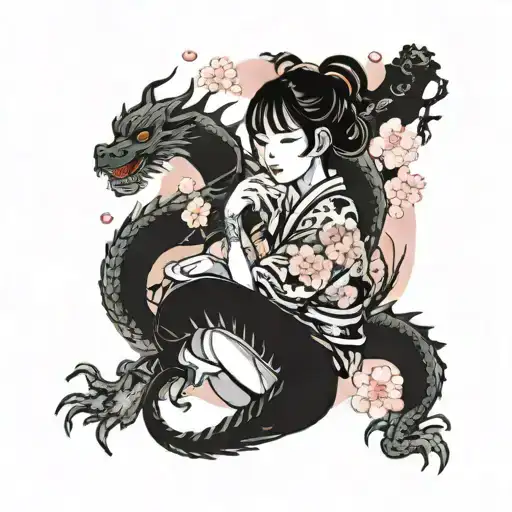 Girl With A Dragon And Sakura Flowers