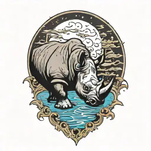 Rhinocerous With Moon Back Ground Reflecting Into A Pool Of Water