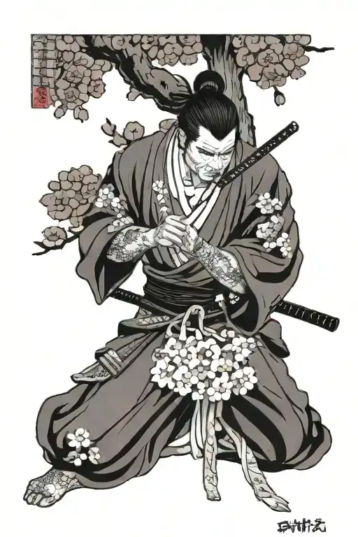 Samurai Kneeling In Front Of Cherry Blossom Tree