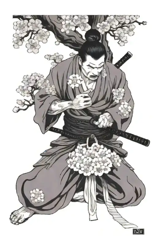 Samurai Kneeling In Front Of Cherry Blossom Tree